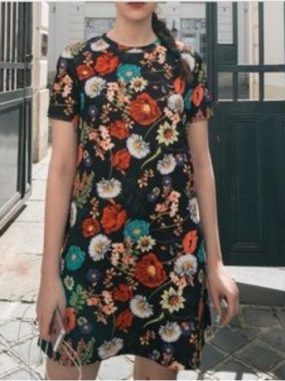 Zara Trafaluc black multi floral print tunic dress.